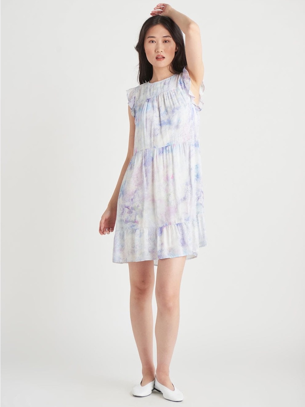 Bella Dahl Watercolor Floral Tiered Midi Dress Size L Flutter Sleeve Boho